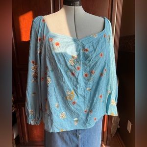 Off the shoulder soft floral steel blue long sleeve sexy & sensual top.